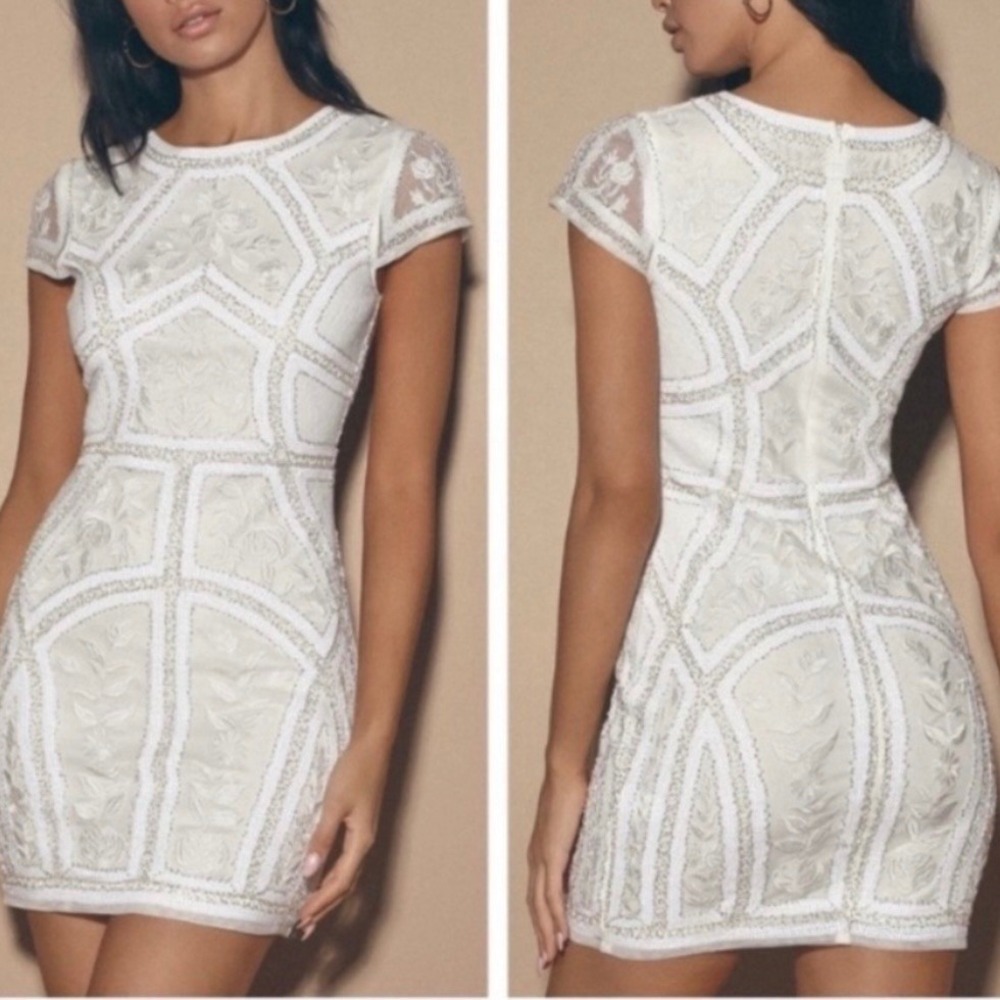 NWT Lulus Spread Your Shine White Sequin Embroidered Bodycon Dress Medium‎